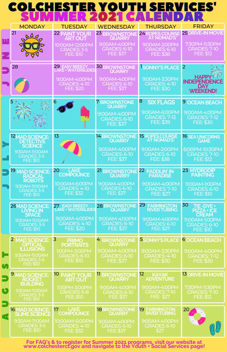 ColchesterYS's tweet photo. The time is here... it's what we've all been waiting for. The Summer 2021 Colchester Youth Services calendar is out and TRIPS ARE BACK!
Register at https://t.co/Dc4ULiC3NX under the Register NOW! tab. https://t.co/WJN1MlpZsO