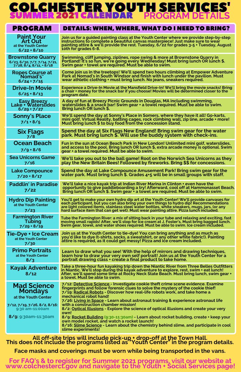 ColchesterYS's tweet photo. The time is here... it's what we've all been waiting for. The Summer 2021 Colchester Youth Services calendar is out and TRIPS ARE BACK!
Register at https://t.co/Dc4ULiC3NX under the Register NOW! tab. https://t.co/WJN1MlpZsO