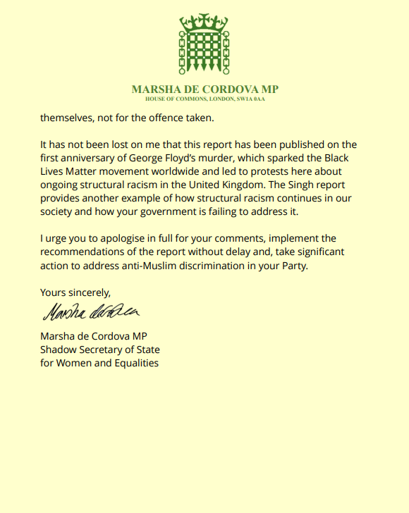 MarshadeCordova's tweet photo. I've written to the Prime Minister to demand a full public apology for his comments about Muslim women highlighted in the Singh report.
He must now implement the recommendations of the #SinghReport on #Islamophobia and, take action to address anti-Muslim discrimination⬇️ https://t.co/mXdiGgRvvD