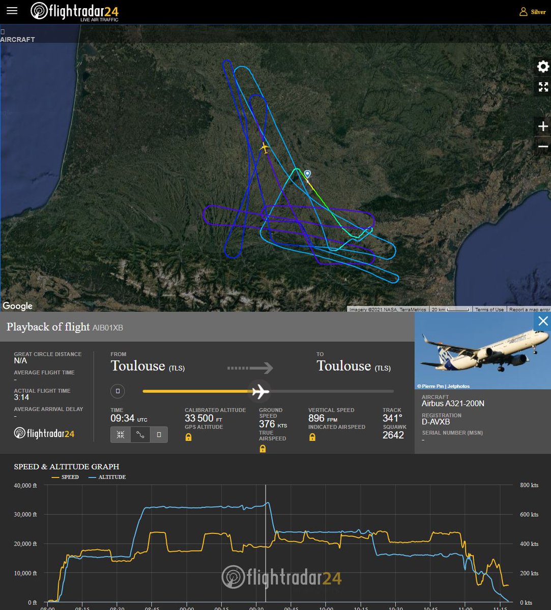 Frenchpainter's tweet photo. First test flight with the new system "E-Rudder" for the prototype of #Airbus #A321Neo today. 🇪🇺 #AvGeek
Playback of flight AIB01XB available on @flightradar24 -> https://t.co/punJT0fZMX https://t.co/TvrW0KwV53