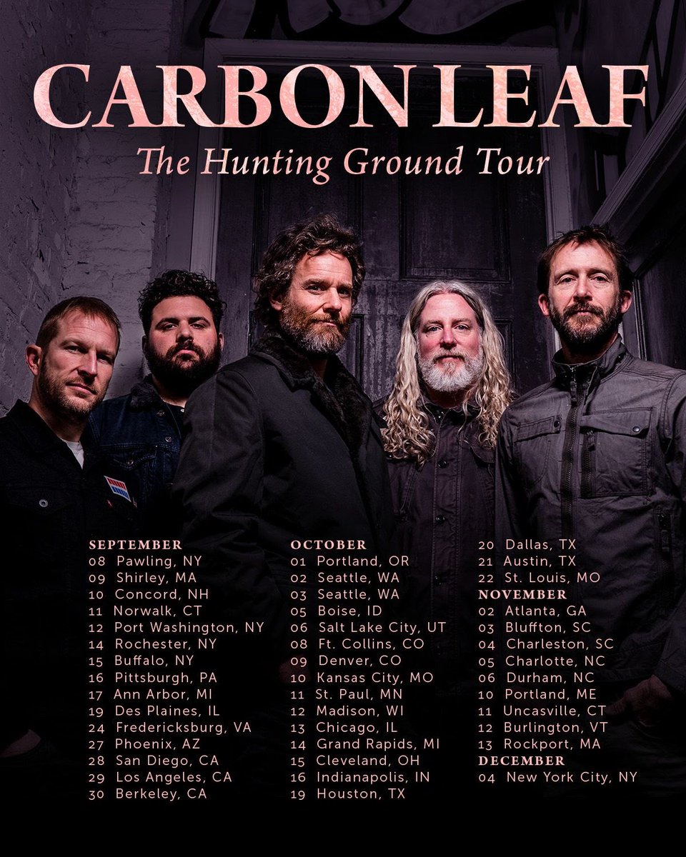 madisonhouse's tweet photo. Carbon Leaf is so excited to be touring again, theyโre doing it twice - coming at you this Fall with The Hunting Ground Tour following their Summer DIVE! DIVE! Tour. Tickets for all on sale now! https://t.co/iLFlNNa7Qy @carbonleaf
#CarbonLeaf #Tour #FallTour #MadisonHouse https://t.co/9FlvKKIyrG