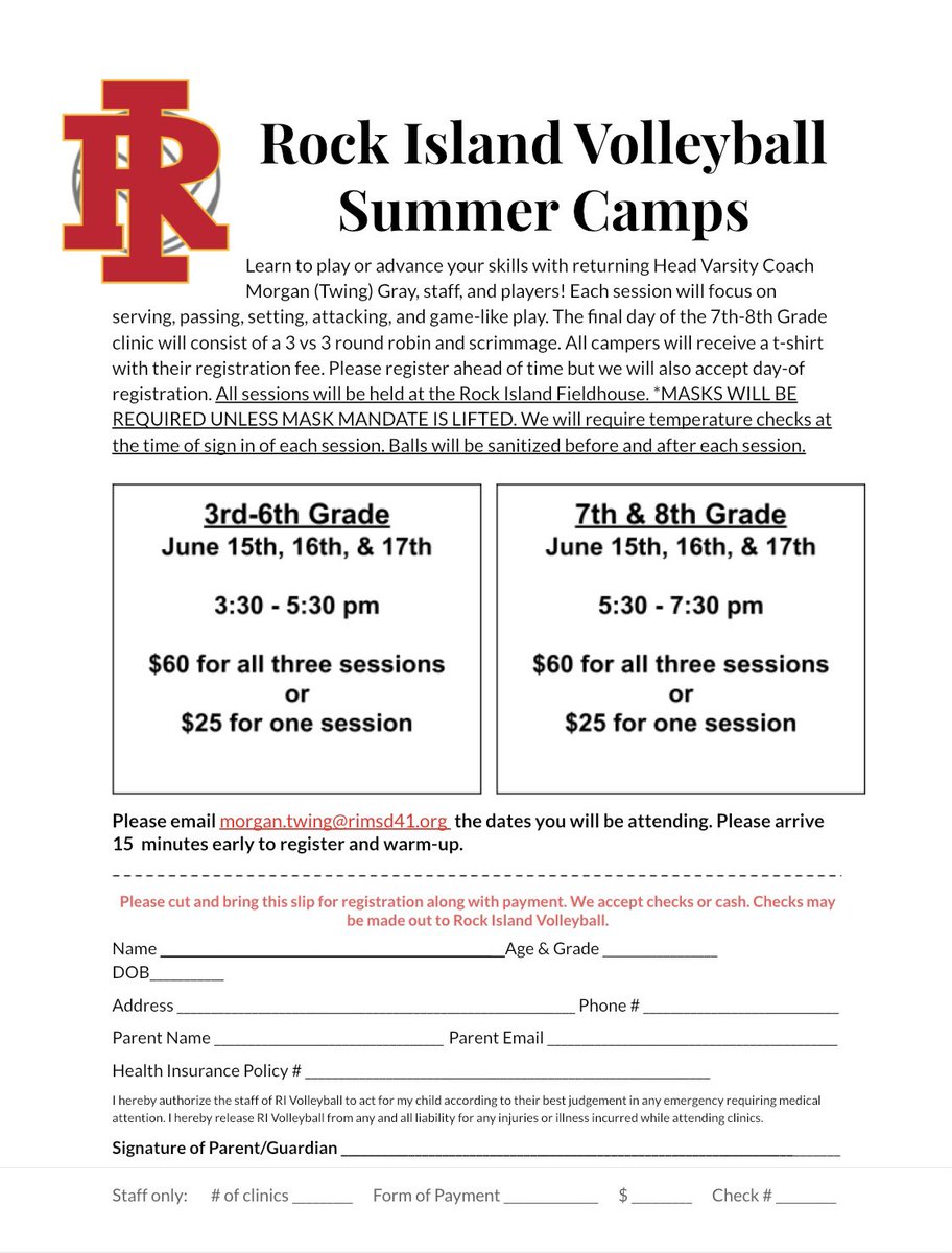 LadyRocksVBall's tweet photo. ‼️Rock Island Volleyball Summer Camp Information‼️

Please email Morgan.twing@rimsd41.org with the dates your athlete will be attending and bring the attached registration form and payment to the first session. See you there!

https://t.co/N2I6Dm134m https://t.co/WB6j9haGcf