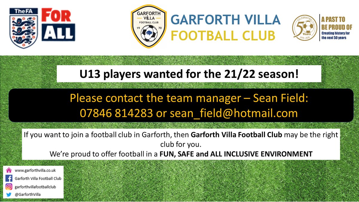 GarforthVilla's tweet photo. We're looking for new players to join our U13 team for the 21/22 season.
#garforthvilla #garforth #juniorfootball #grassrootsfootball #westridingfa #joinafootballteam
@WestRidingFA @westridingoc https://t.co/9N5elDc4Ej