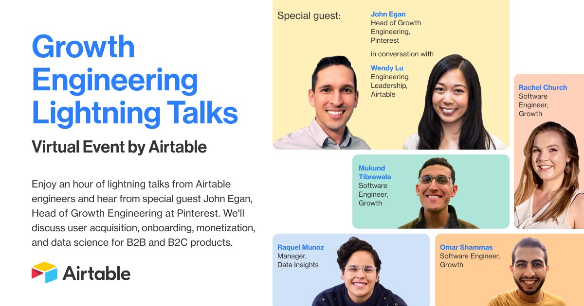 RachelWebDev's tweet image. Interested in #growth engineering topics such as user acquisition, onboarding, monetization, and data science?

Join @airtable for an hour of lightning talks and special guest John Egan, Head of Growth Engineering @Pinterest, on Tuesday, June 15! 

RSVP eventbrite.com/e/growth-engin…