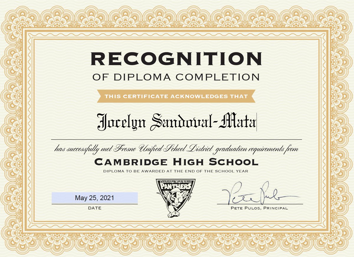 Cambridge High School is proud to announce Jocelyn Sandoval-Mata as our newest graduate. Way to go Jocelyn!!! Who's next?? Go Panthers!!! <a href="/fresnounified/">Fresno Unified</a> <a href="/MommaLoew/">Leslie Loewen</a> <a href="/EdgenuityInc/">Edgenuity (now Imagine Learning)</a> <a href="/center_erc/">Educational Resource Center (ERC)</a> <a href="/CCEAeducation/">CCEA Plus</a>
