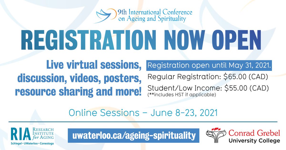 Registration closes on May 31, so don't miss out! Great plenaries, panels, and posters for our 9th International Conference on #Ageing and #Spirituality. More info: uwaterloo.ca/ageing-spiritu…