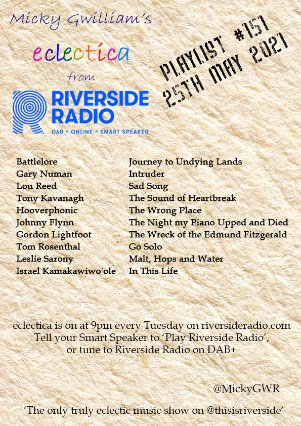 Micky Gwilliam's eclectica is really back on  
@ThisIsRiverside at 9pm tonight, with a curious mix of music from Finnish metal to Hawaiian ballads - something to tickle all tastes! Drop by and see.