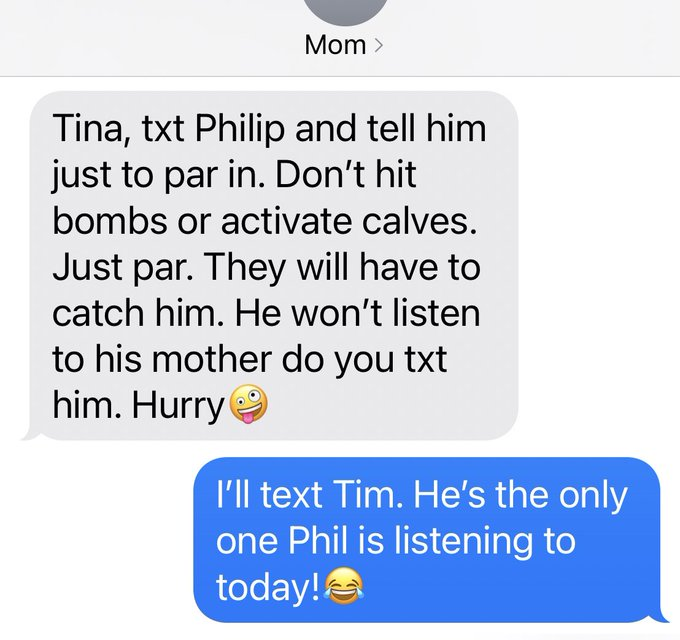 chiefconnextor's tweet photo. @PhilMickelson Congrats on your win - so psyched for you!  I honestly have to say your Mom is hilarious - this text image I just saw in an article made me spit my water out! https://t.co/qh6sqMYd8R