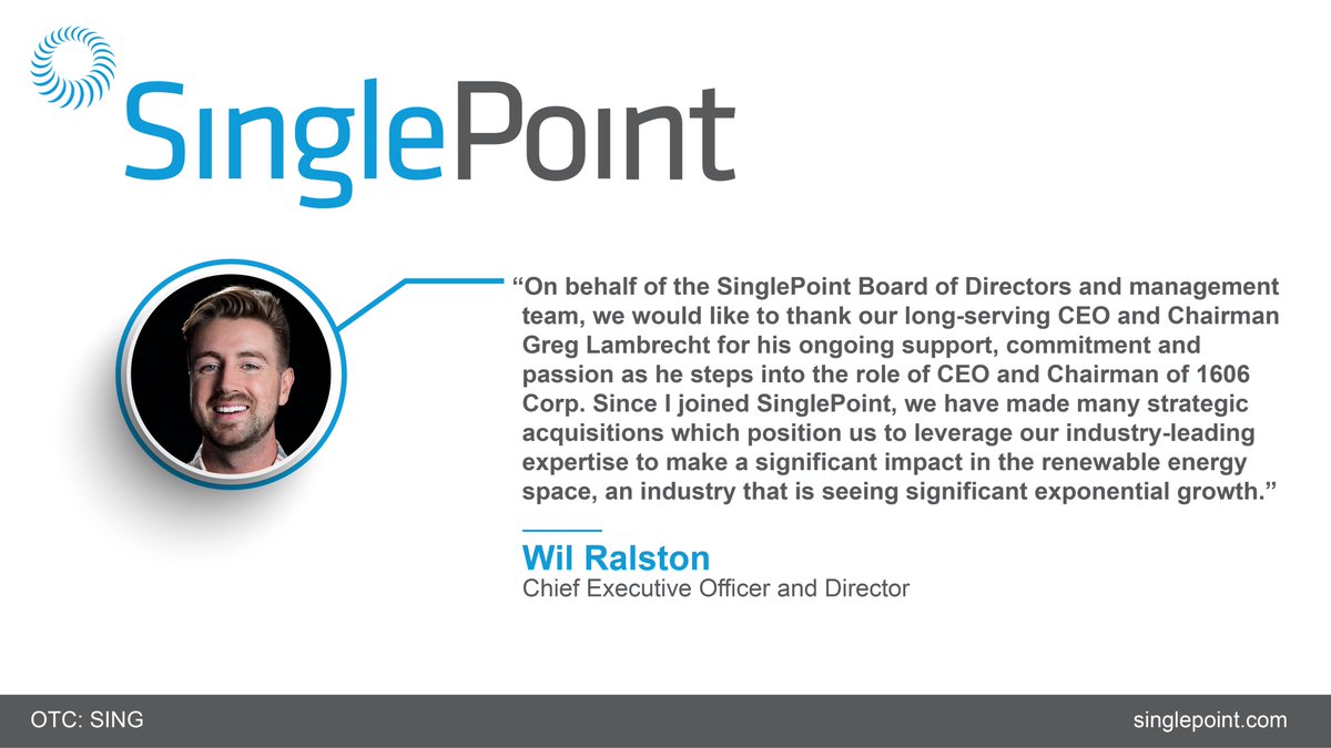I am honored to be appointed CEO of SinglePoint at such a pivotal time in the evolution of the Company. Link to PR $SING #RenewableEnergy #Solar #SolarEnergy #Sustianability #HealthyLiving