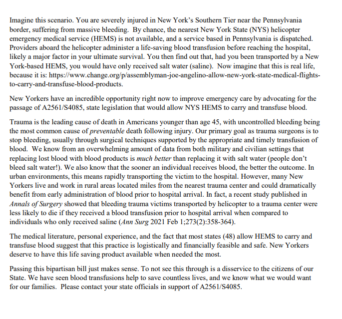 Michael Vella (@michaelvella32) on Twitter photo Governor Cuomo, please support this legislation to allow emergency medical services in NYS to carry and transfuse blood products like most other states. This would be lifesaving for the citizens of our State. @KesslerTrauma <a href="/MichaelNabozny/">Michael Nabozny</a> <a href="/acsTrauma/">The ACS Committee on Trauma</a> <a href="/AmCollSurgeons/">American College of Surgeons</a> Governor Cuomo, please support this legislation to allow emergency medical services in NYS to carry and transfuse blood products like most other states. This would be lifesaving for the citizens of our State. @KesslerTrauma <a href="/MichaelNabozny/">Michael Nabozny</a> <a href="/acsTrauma/">The ACS Committee on Trauma</a> <a href="/AmCollSurgeons/">American College of Surgeons</a>