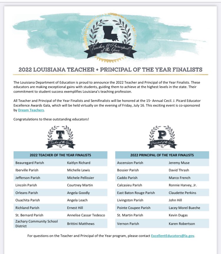 Congratulations to these amazing teachers and principals who are now finalists for 2022 Louisiana Principal and Teacher of the Year!! #LAExcellentEducators #TLS2021