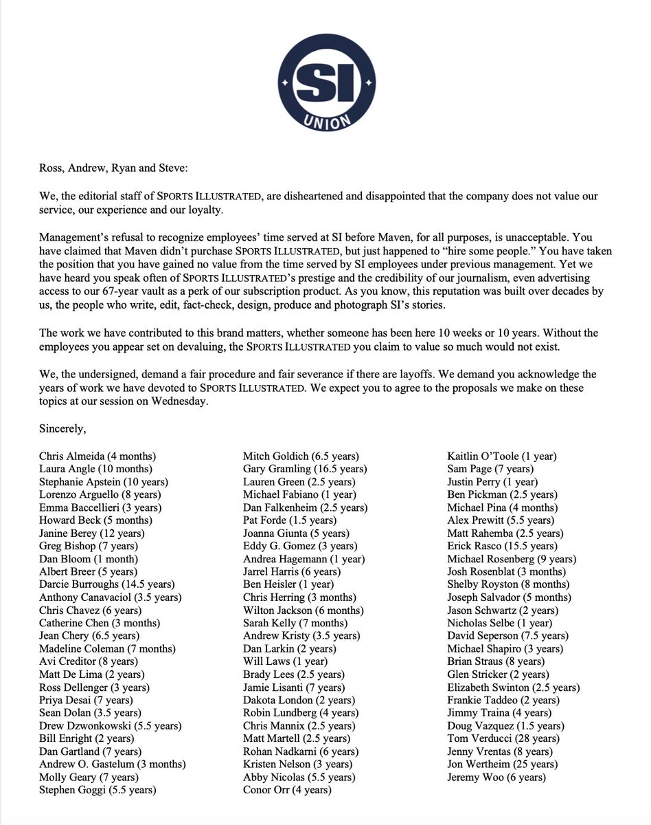 Sports Illustrated Union (@si_union) on Twitter photo Today we sent this letter to @MavenCoalition and <a href="/SInow/">Sports Illustrated</a> management in advance of tomorrow’s bargaining session. We are asking they credit us for our tenures at Sports Illustrated for all purposes in our contract—the basic principle of seniority. They are refusing. Today we sent this letter to @MavenCoalition and <a href="/SInow/">Sports Illustrated</a> management in advance of tomorrow’s bargaining session. We are asking they credit us for our tenures at Sports Illustrated for all purposes in our contract—the basic principle of seniority. They are refusing.