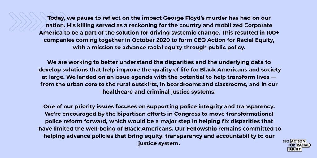 Today marks one year since the murder of George Floyd. As we pause to reflect on his life, we remember how much work there is to be done to address systemic racism. This is at the center of our "why" at <a href="/CEOAction/">CEOAction</a> for #RacialEquity bit.ly/3yFduGO