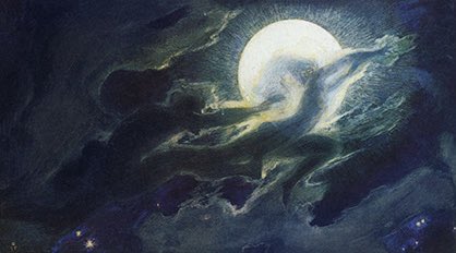 „Der Mond beherrscht, mit Netzen, nun die Weite.
Er lächelt nur: Wer weiß, ob du mich kennst?
Sein Lächeln bleibt, bei Wind, das Flutgeleite:
Die Welt ist jetzt ein riesiges Gespenst.“

#Däubler #Riemerschmid