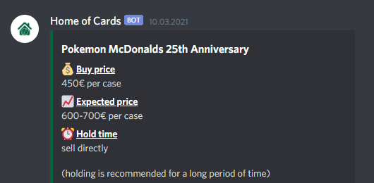 HomeOfCardsEU's tweet photo. A little recap about one of our calls
In march our members secured many Pokémon x McDonalds Cases for ~450€ and were able to flip them for 800€+, even more than our initial prediction!🎴

Last warning: Turn on your Notifications, we will announce some changes in the next week😉 https://t.co/KzxyfVWQuw
