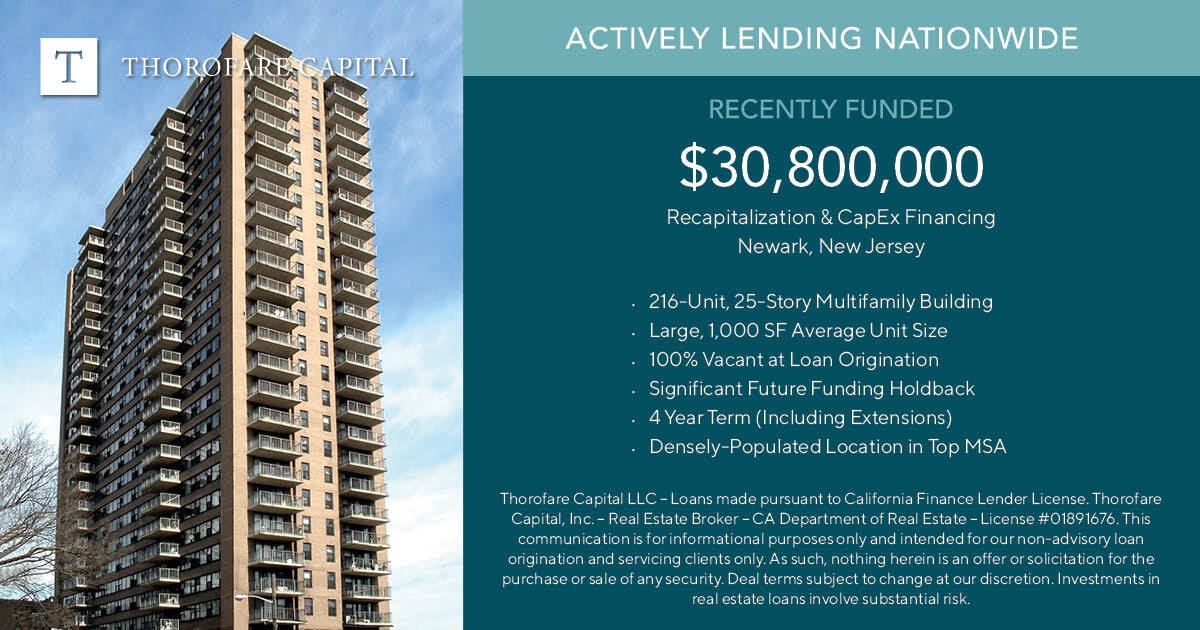 <a href="/ThorofareCap/">Thorofare Capital</a> Funds $30,800,000 #Recapitalization &amp; #Renovation Financing for #Multifamily in #Newark