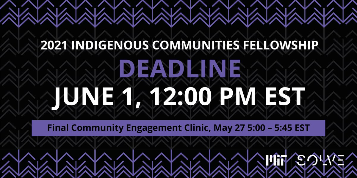 NUNAGroup's tweet photo. There’s still time to apply to the #IndigenousCommunitiesFellowship for $10k in funding and tailor made support from @SolveMIT! The deadline is June 1 at 12:00 PM EST.

To learn more about the fellowship or the application join us Thursday at 5:00 P.M. EST https://t.co/xvzS91yPUh https://t.co/g95uxopjtr