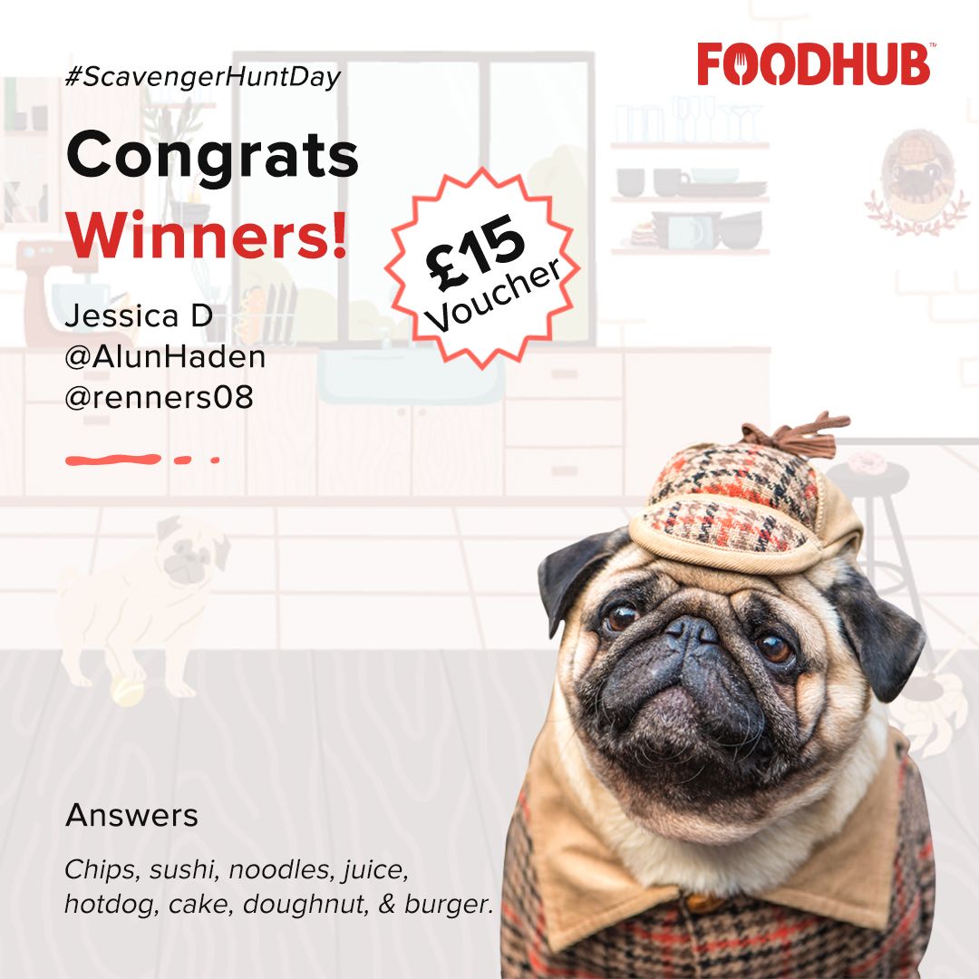 FoodhubUK's tweet photo. Elementary, my dear Barkson! 
Here are the winners of the Scavenger Hunt. Sherlock Bones congratulates you! 
#ScavengerHuntDay #ScavengerHunt #TreasureHunt #HiddenItems  #OnlineGames #CouponCode #Games  #FoodLove #Foodies #UK  #OnlineFoodOrdering #Foodhub https://t.co/B2d668TdIH