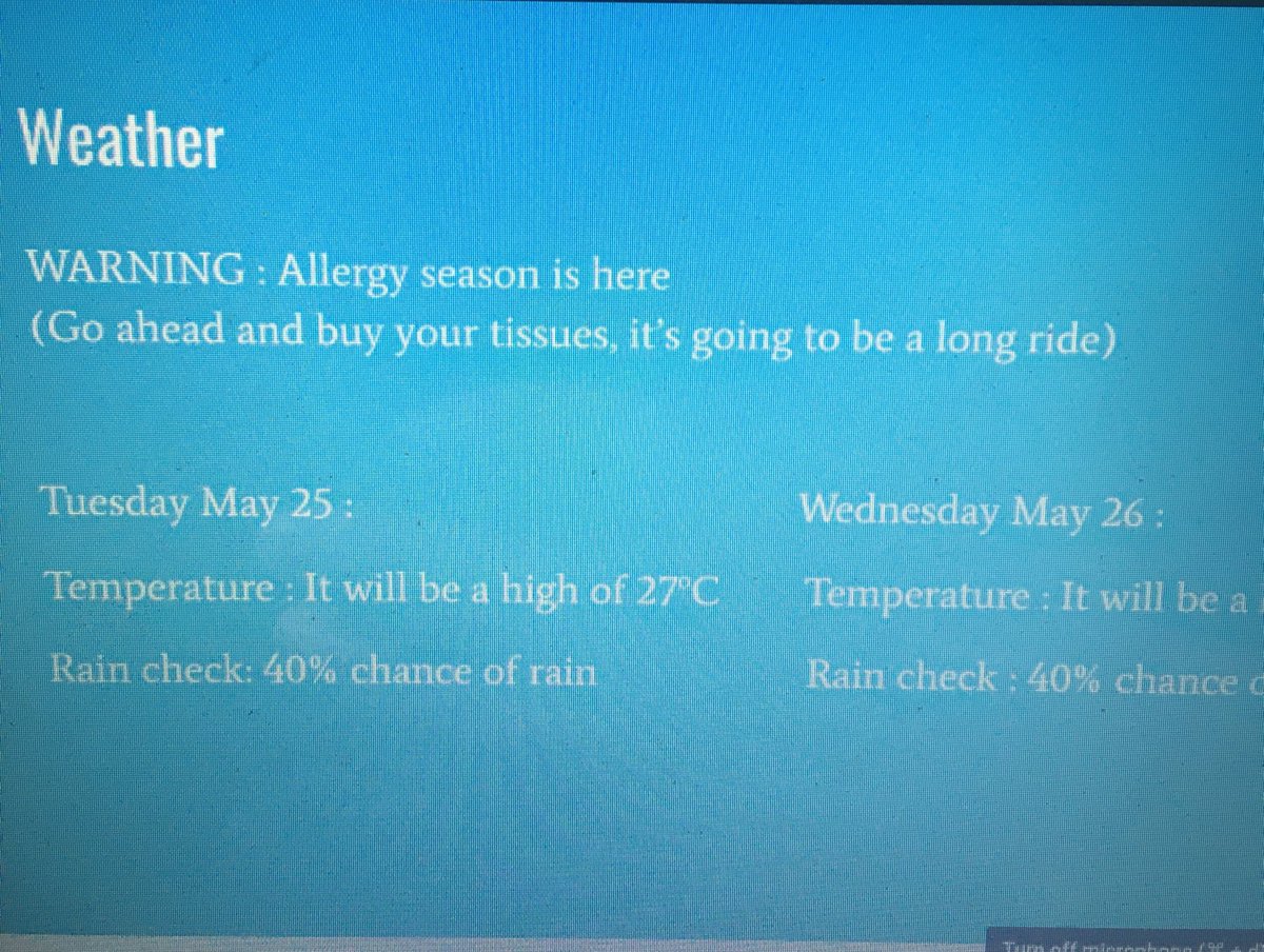 zehrfox2's tweet photo. Today’s weather report. As someone who who is currently dealing with seasonal allergies, I feel this advice. 🌳🌻💨
Student announcements always contain the BEST advice. https://t.co/ha91AcYo8b