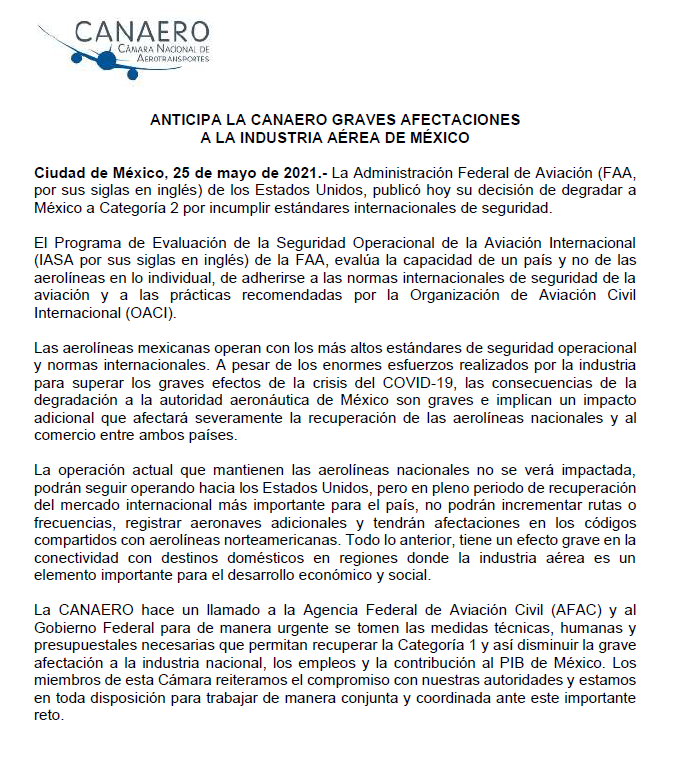 Posicionamiento CANAERO sobre degradación Categoría 2 a México