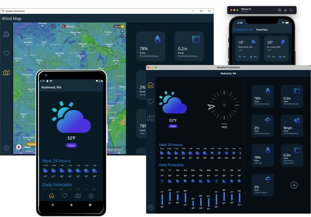 Lovely weather app demo across iOS, Android, Windows, and macOS with #DotNETMaui from <a href="/davidortinau/">@davidortinau</a> github.com/davidortinau/W…