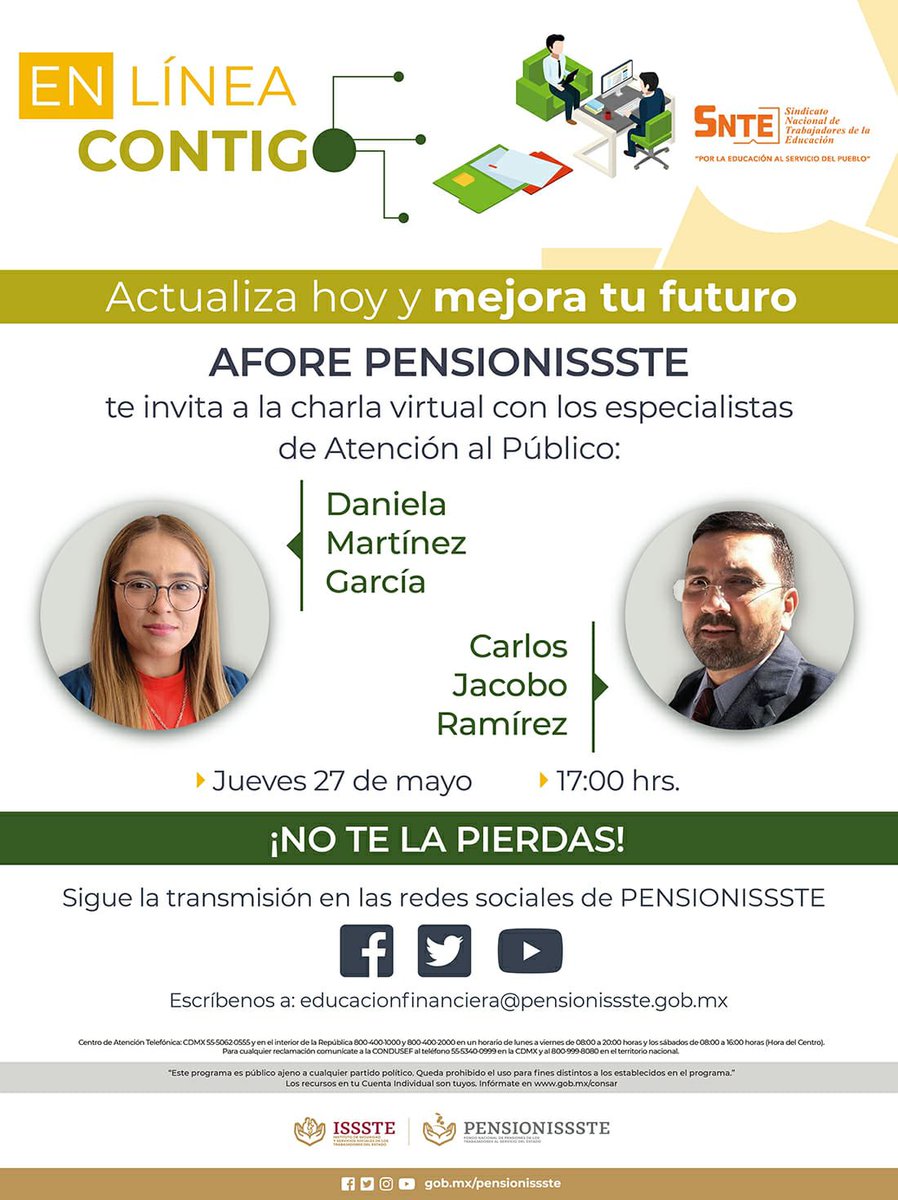 palomitarelowde's tweet photo. #TodosSomosUno 🙋‍♀️🙋‍♂️

🟠 Si te interesa la educación financiera y planear un buen ahorro para el retiro ‼️esto es para ti‼️ el #SNTE 🍎📚 y @PENSIONISSSTE_ 🏬 se ponen 👉en línea en charla virtual con expertos ✔️

👉Jueves 27 de mayo 🗓️ 17 hrs 🕔

🧑‍💻 https://t.co/96iPnVpxEb 🧑‍💻 https://t.co/EByGTuBM4p