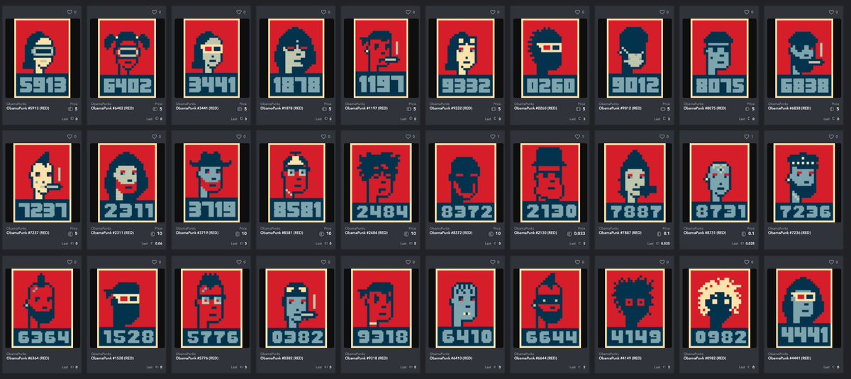 ObamaPunks's tweet image. NEWS FLASH!!! All of the #ObamaPunks have been collected. Only 30 in circulation &amp;amp; we're now open for secondary market sales: opensea.io/collection/oba…

#OpenSeaNFT #punks #cryptopunks #nft #nfts #nftart #nftcommunity #nftartist #nftartists #nftcollector #nftcollectors #eth
