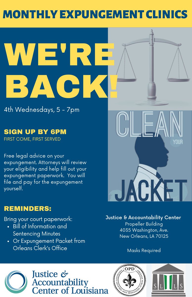 JacLouisiana's tweet photo. Every 4th Wednesday, come get free legal advice on your expungement. Attorneys will review your eligibility and help fill out your expungement paperwork.  

@VoteNOLA @RightOnCrime @First72Plus @StepUpLA 

#CleanSlate #MyCleanSlate #lalege #lagov #Louisiana https://t.co/Z1lYTugfbc