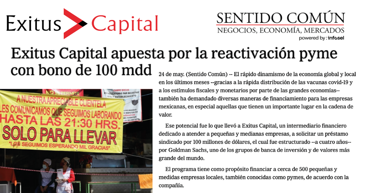 De acuerdo con cifras del Banco de México, solo el 20.8% de las empresas solicitaron un financiamiento durante el primer trimestre del año. Este potencial es lo que llevo a #ExitusCapital, a solicitar un préstamo sindicado por 100 MDD. <a href="/sentidocomunmx/">IVAN MORALES</a> 

sentidocomun.com.mx/articulocs.pht…