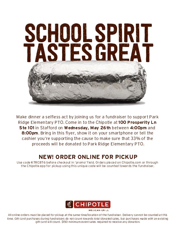 MsRosas4thgrade's tweet photo. Dear parents/guardians,
Tomorrow Wednesday May 26th is PRES Spirit Night at Chipotle. Use the following code for in-store and online orders (use code KTRC8T6) at checkout.

Sincerely,
PRES PTO https://t.co/R0lj9Ymde3
