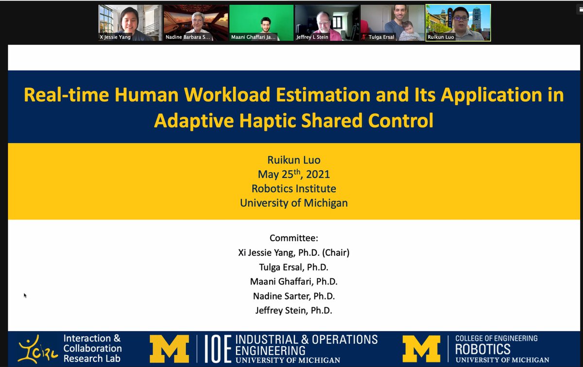Jessie_YangXi's tweet photo. Here I present you Dr. @RuikunLuo!! Ruikun has done an excellent job in developing workload-adaptive shared control and will join a robotics startup as their R&amp;D manager. Continue the U-M robotics spirit, Ruikun! So proud!! @UMRobotics @UMIOE https://t.co/EvVvYHIUPZ