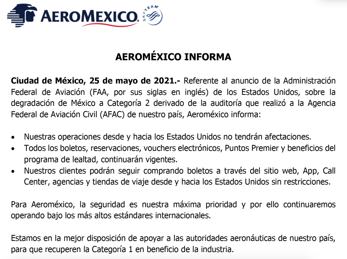 Aeromexico's tweet photo. Aeroméxico informa en relación a la reciente decisión de la Administración Federal de Aviación (FAA) de los Estados Unidos. https://t.co/VwwJT6qSY5