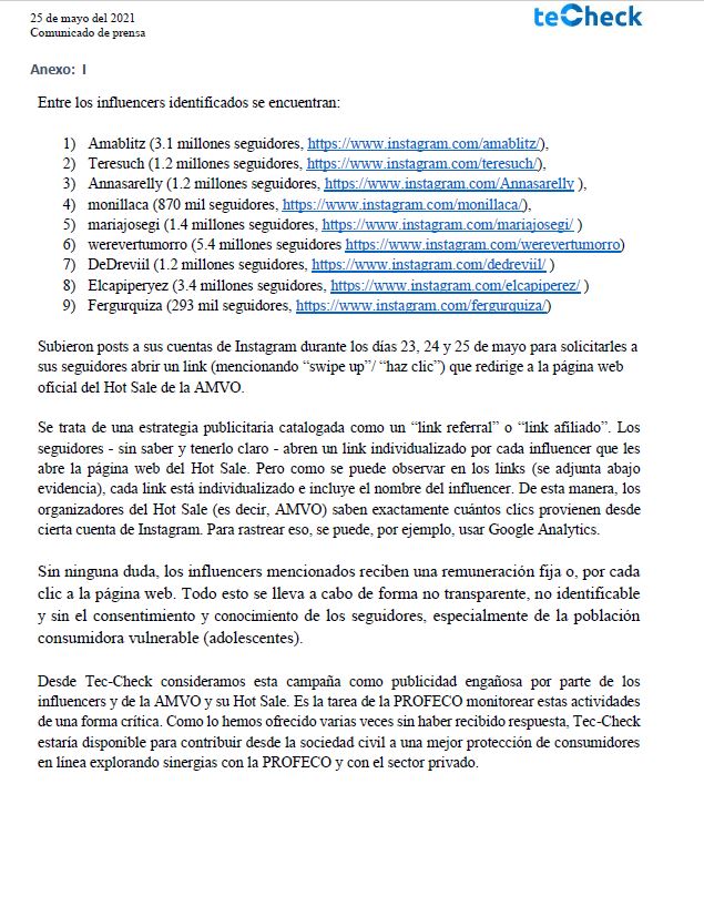 teccheckmx's tweet photo. 🔥 Denunciamos la campaña del #HotSale a través de influencers por posible publicidad engañosa.

La promoción indirecta y el respaldo al Hot Sale por parte de la @PROFECO también nos preocupa, y sorprende sumamente. ¿Sana distancia? 🤔

Comunicado: https://t.co/AIZoQgKg5d https://t.co/KyTD4qnnZv
