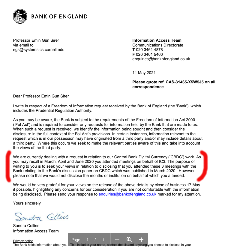 There's a scammer out there who is claiming that I did not meet with the Bank of England to discuss CBDCs. As you can see from the BoE letter below, they clearly say that I met with them on 3 different occasions.