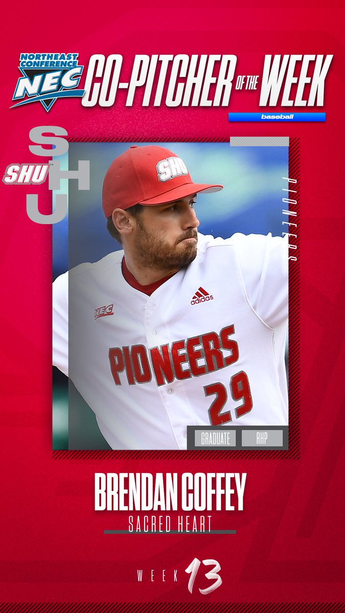 necbaseball's tweet photo. 🏅 Official #necbaseball Co-Pitcher of the Week 🏅

👉 Brendan Coffey, @SHUBigRed 

🗒️ Coffey was hot during Sacred Heart’s series victory over Wagner. The senior RHP logged two scoreless appearances that lasted three innings apiece. Pitching to an 0.67 WHIP, he recorded 10 Ks. https://t.co/YcfA6aZhey