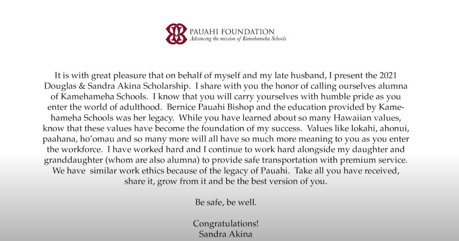 AkinaTours's tweet photo. Ho'omaika'i 'Ana to all the Kamehameha Maui Academic award recipients! We are a proud donor of the Douglas &amp; Sandra Akina Scholarship that supports one KSM senior in their first year of college. I mua! https://t.co/lCUQ53ADlk