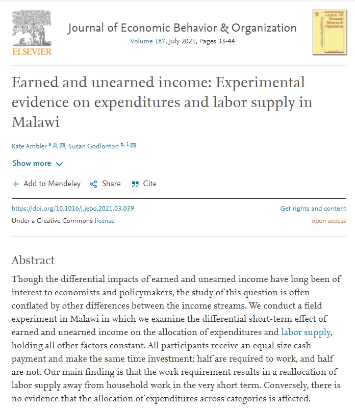 Interesting!

In #Malawi, people getting one-off unconditional #cashtransfers ($10) worked *more* than those getting $10 work-conditioned. The latter "... spent less time on household work activities (...) &amp; less time working overall".

Ambler &amp; Godlonton
sciencedirect.com/science/articl…