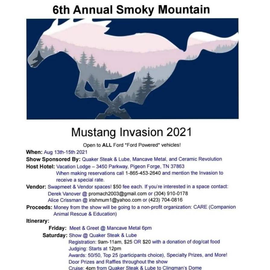 CAREJeffCounty1's tweet photo. Hi friends!
C.A.R.E is super gassed to be a part of this year's annual Smoky Mountain Mustang Invasion! Lots of festivites!

August 13th - 15th, live music and a car show!
See below for more details and locations 🐎 https://t.co/2Wb9JaXxgF