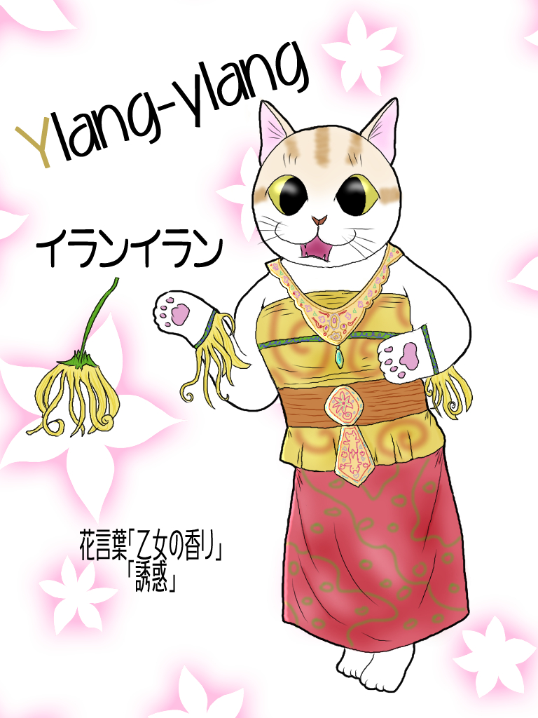 広翼 猫クリエイター A Twitter 変身にゃんこのａｂｃ お花編 Ylang Ylang イランイラン フィリピンやインドネシア原産で 名前はタガログ語で花の中の花という意味 花はフローラルな甘い香りである為 花から香油が作られアロマオイル等に利用される