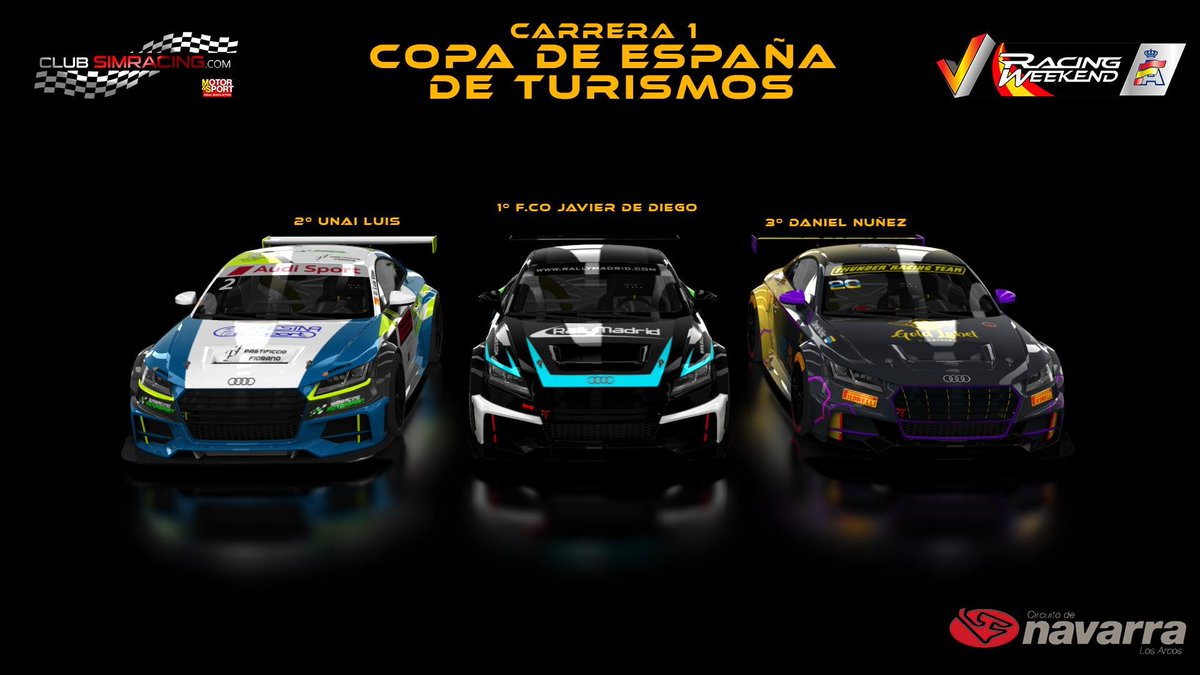 PODIO DE LOS GANADORES DEL RACINGWEEKEND CIRCUITO DE NAVARRA VIRTUAL 2021 - COPA DE ESPAÑA DE TURISMOS - 1ª CARRERA <a href="/club_simracing/">Club Simracing</a> 
1º <a href="/Javier_ddf/">Javier de Diego</a> 
2º Unai Luis
3º <a href="/DaniNT12/">DaniNT_</a>