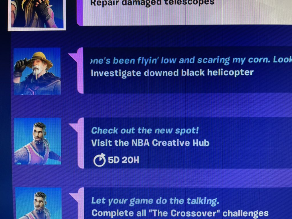 The timing of fortnites new missions are seem poorly timed. @NBA theme with a mission to investigate a helicopter crash. @FortniteGame https://t.co/2Ij8kSZ237