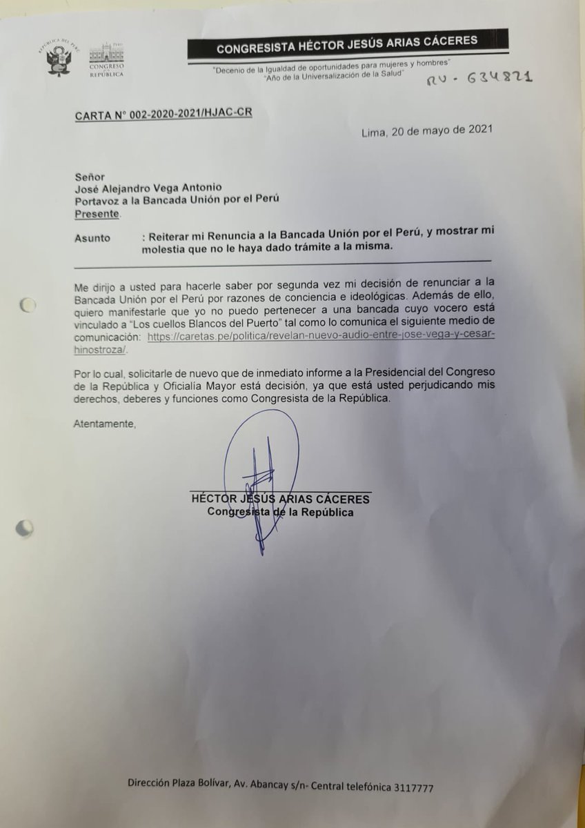 martinhidalgo's tweet image. #AlertaLegislativa: Héctor Arias, quien entró en reemplazo de Edgar Alarcon, reitera su pedido de renuncia a Unión por el Perú. Alega que no puede pertenecer a un grupo “cuyo vocero está vinculado a “Los Cuellos Blancos del Puerto”.