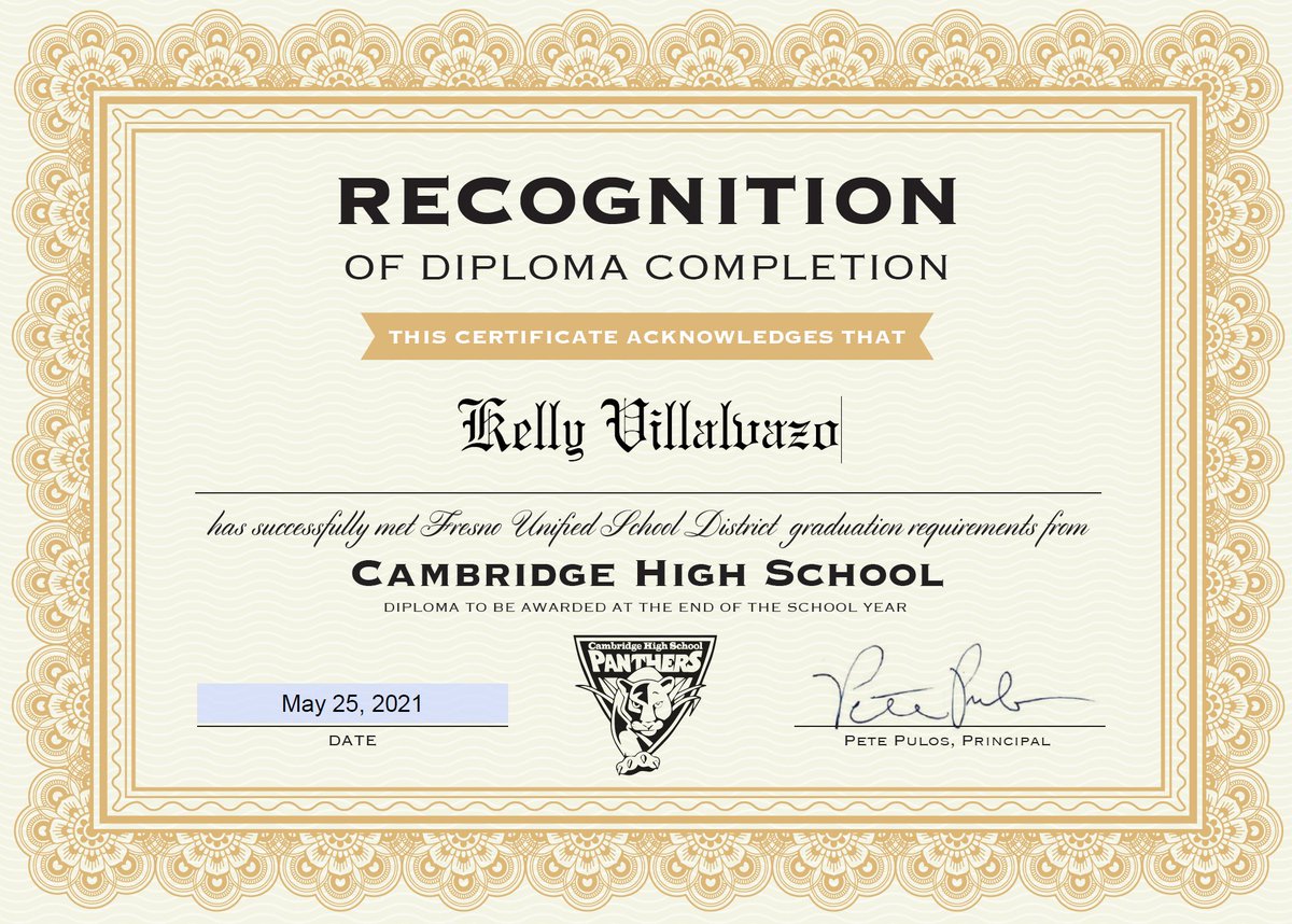 Cambridge High School is proud to announce Kelly Villalvazo as our newest graduate. Way to go Kelly!!! Who's next??? Go Panthers!!! <a href="/fresnounified/">Fresno Unified</a> <a href="/EdgenuityInc/">Edgenuity (now Imagine Learning)</a> <a href="/center_erc/">Educational Resource Center (ERC)</a> <a href="/MommaLoew/">Leslie Loewen</a> <a href="/CCEAeducation/">CCEA Plus</a>
