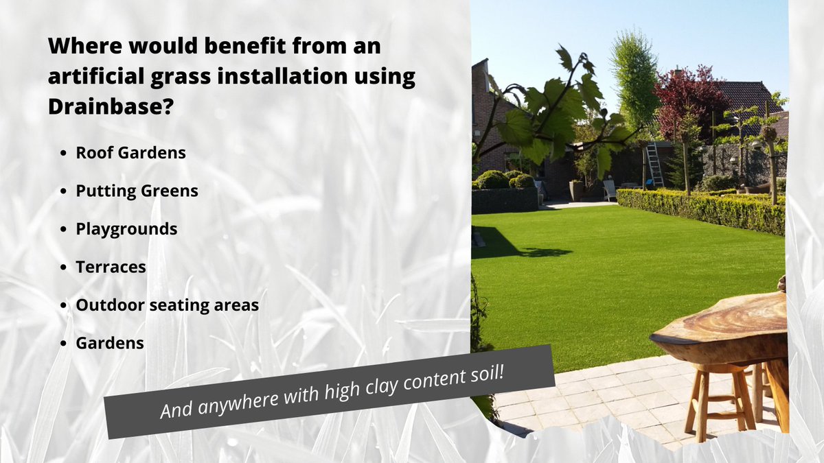 Drainbase is a favourite amongst landscapers, it’s water buffering capabilities make it great for a range of destinations especially in areas where soil has a high clay content. #artificialgrass #artificiallawn #ecofriendly #landscaping #landscapers #GardeningTwitter #gardeners