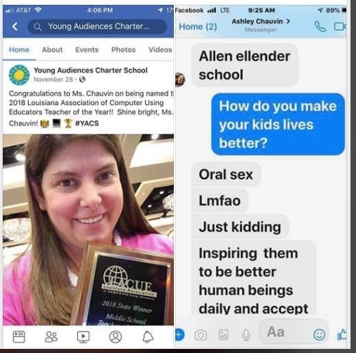 Glittergate2020's tweet photo. This is @chauvin_me response to a question about her students. She's a Louisiana Marine &amp; Military Academy. She admits to saying it, but says it "taken out of context". How tf u take that out of context?https://t.co/xOuJusSEAM
 (Click to expand) #Teacher #Epstein #gaetzgate https://t.co/YYlkQ1a9uN