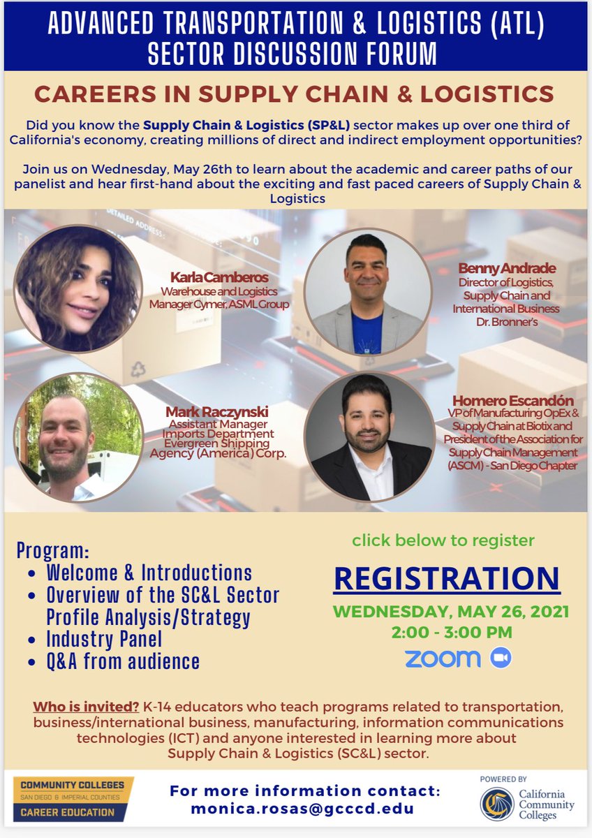 Calling all K-14 educators! Join us on May 26th, to learn from industry professionals in the field of #SupplyChain &amp; #Logistics share insights of what is needed for students’ to enter this fast-paced workforce. Registration: lnkd.in/geen_x2 
#CareerEducation <a href="/mycareered/">Career Education - San Diego & Imperial Counties</a>