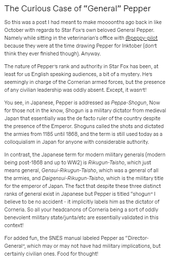 MerBleue666's tweet photo. Here is an interesting post that a Star Fox fan wrote about General Pepper. The post is from @ Selfish-swine!

#starfox #Generalpepper https://t.co/Hzv8Vbh0oh