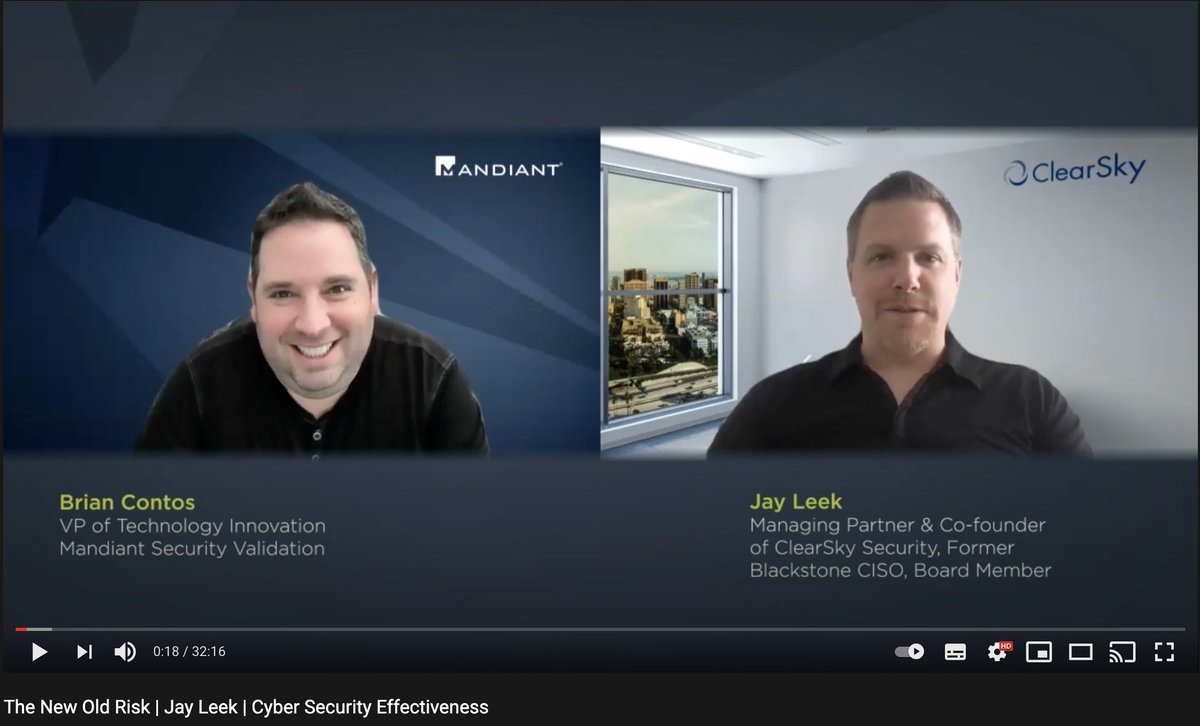 Jay Leek Managing Partner & Co-founder at ClearSky & former @blackstone #CISO talks w/ me lnkd.in/gyx7gyJ about #cybersecurity from a board-level perspective.

#SecurityOptimization #MandiantSecurityValidation
#MandiantAdvantage @Mandiant @SecValidation @FireEye