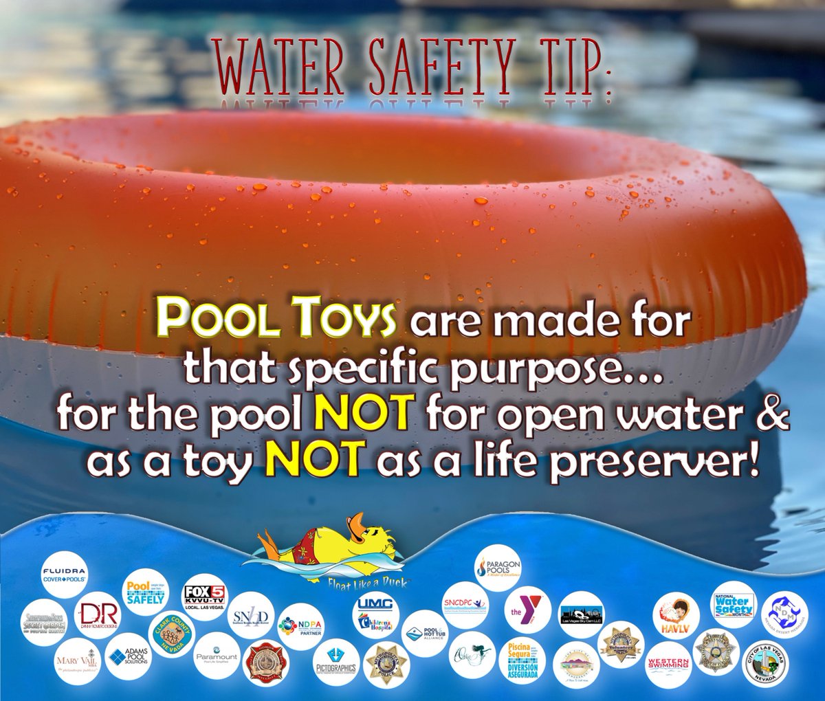 POOL TOYS are made for that specific purpose… 
for the pool NOT for open water & as a toy NOT as a life preserver! #pooltoys #poolfloat #watersafetytip #watersafetymonth #floatlikeaduck #openwatersafety @ThePHTA @MayisNWSM  @drownalliance @SNCDPC @poolsafely @UMCSN @LasVegasFD