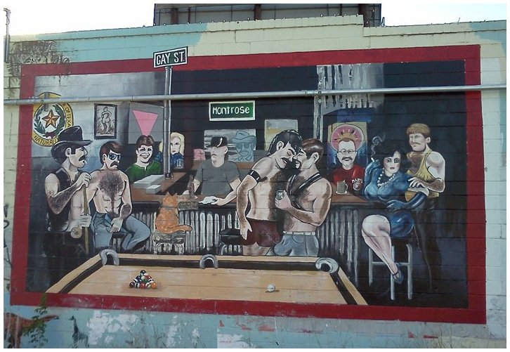 Vanessid's tweet photo. The mural on the side of the legendary gay bar Mary's in Montrose, HTX. As the area began to gentrify, residents complained and the bar, whose patio was the site of AIDS victims' cremains, closed and the mural was painted over. No pride at kink = gentrification. Same logic. https://t.co/qFj9j6NuoM